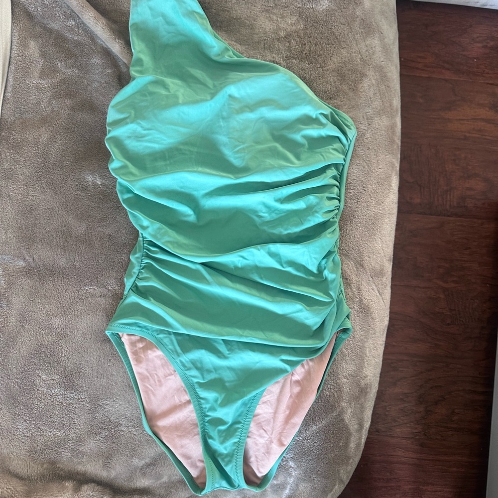 J crew one shoulder minty green bathing suit one piece